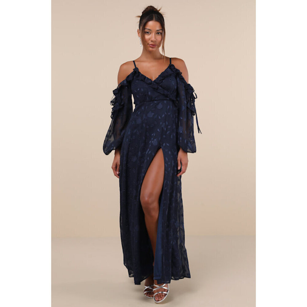 Lulus Pleasant Aura Navy Blue Floral Burnout Cold-shoulder Maxi Dress - Size S